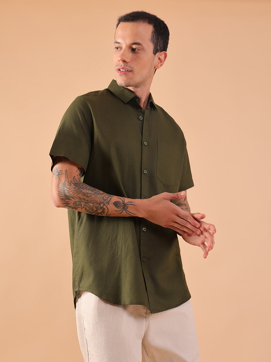 Cotton Linen Half Sleeve Shirt - Regular Fit - Olive