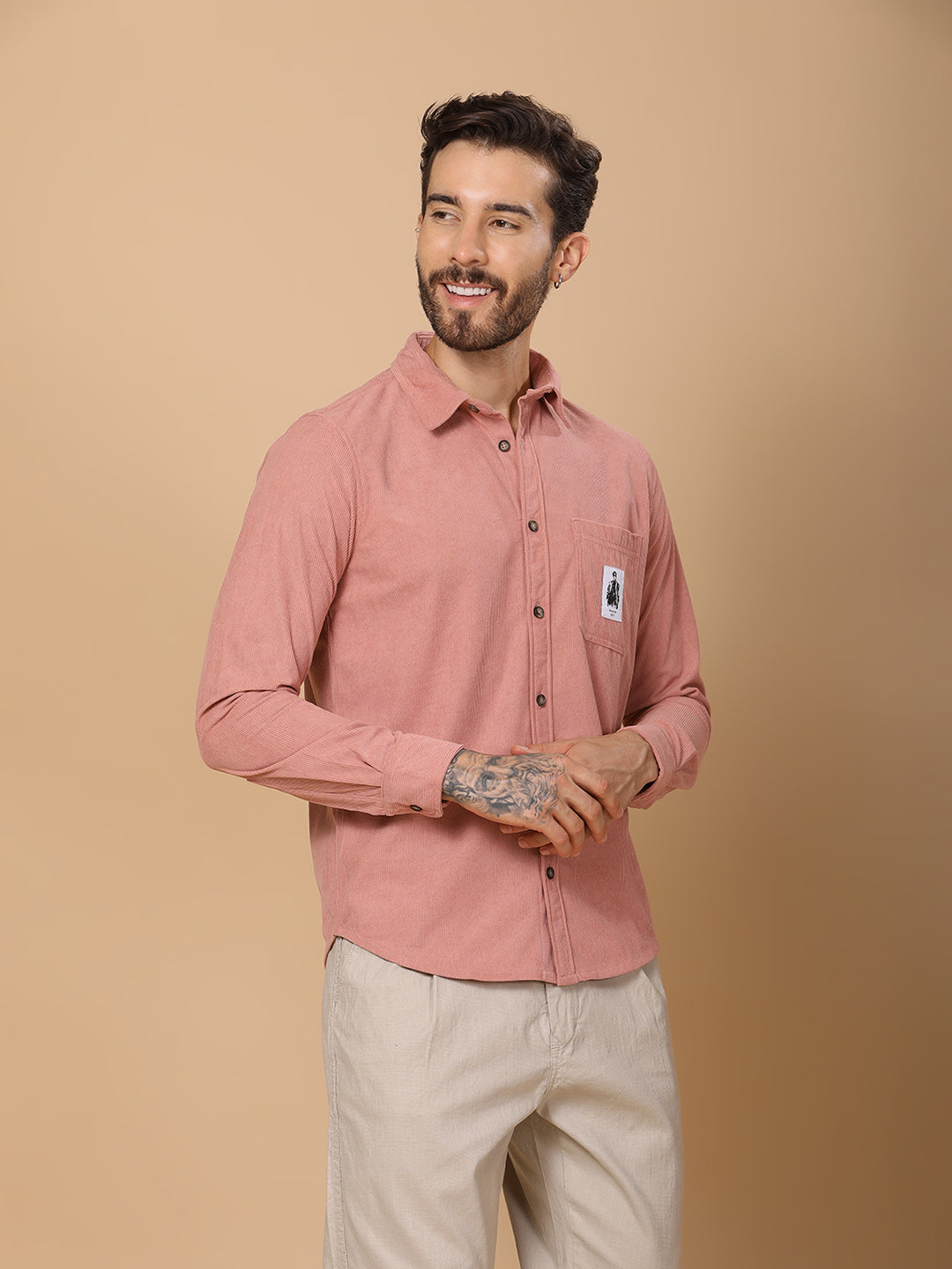 Men’s Corduroy Shirt – Regular Fit, Full Sleeve, Vintage 90’s Style - Peach