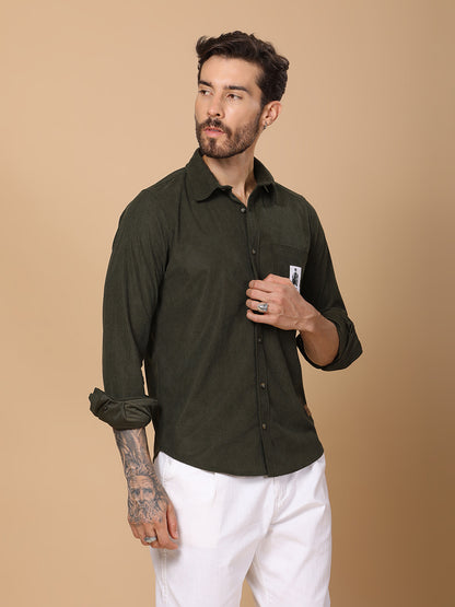Men’s Corduroy Shirt – Regular Fit, Full Sleeve, Vintage 90’s Style - Olive