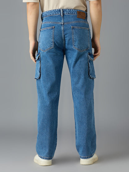 Men Regular Fit Light Fade Blue Cargo Jeans