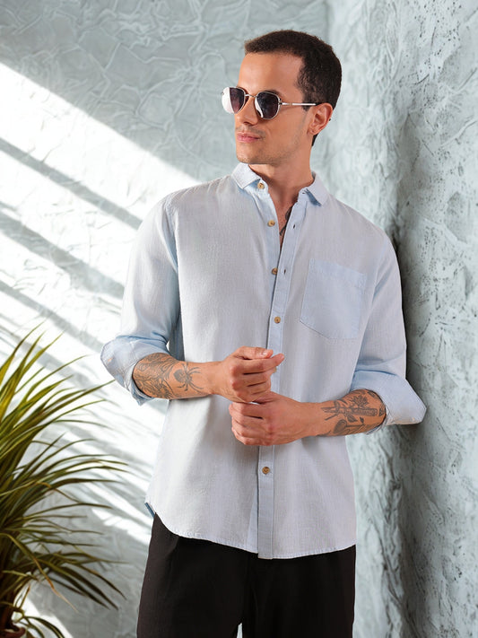 Men's Pure Linen Full Sleeve Shirt - Regular Fit, Cutaway Collar - Blue