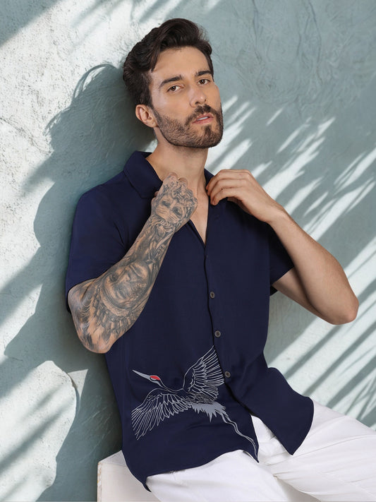 Opaque Printed Knitted Half Sleeve Shirt – Effortless Comfort & Style - Navy