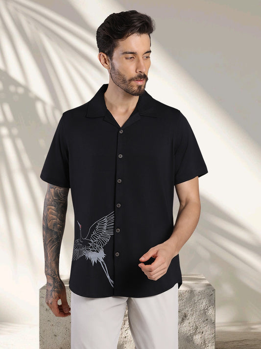 Opaque Printed Knitted Half Sleeve Shirt – Effortless Comfort & Style - Black