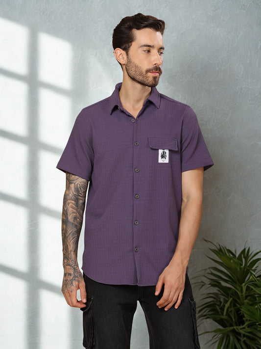 Men’s Casual Half-Sleeve Regular Fit Shirt – Textured Fabric, Curved Hem, Fake Pocket Flap - Purple