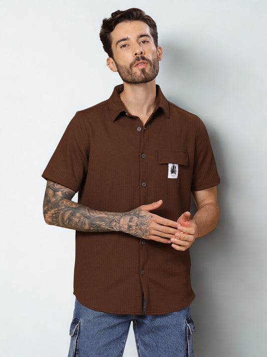 Men’s Casual Half-Sleeve Regular Fit Shirt – Textured Fabric, Curved Hem, Fake Pocket Flap - Brown