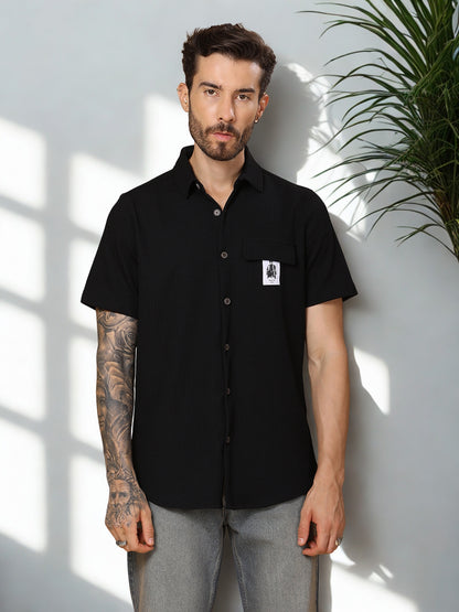 Men’s Casual Half-Sleeve Regular Fit Shirt – Textured Fabric, Curved Hem, Fake Pocket Flap - Black