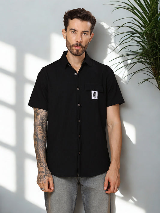 Men’s Casual Half-Sleeve Regular Fit Shirt – Textured Fabric, Curved Hem, Fake Pocket Flap - Black