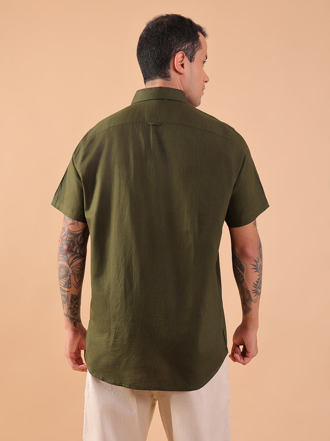 Cotton Linen Half Sleeve Shirt - Regular Fit - Olive
