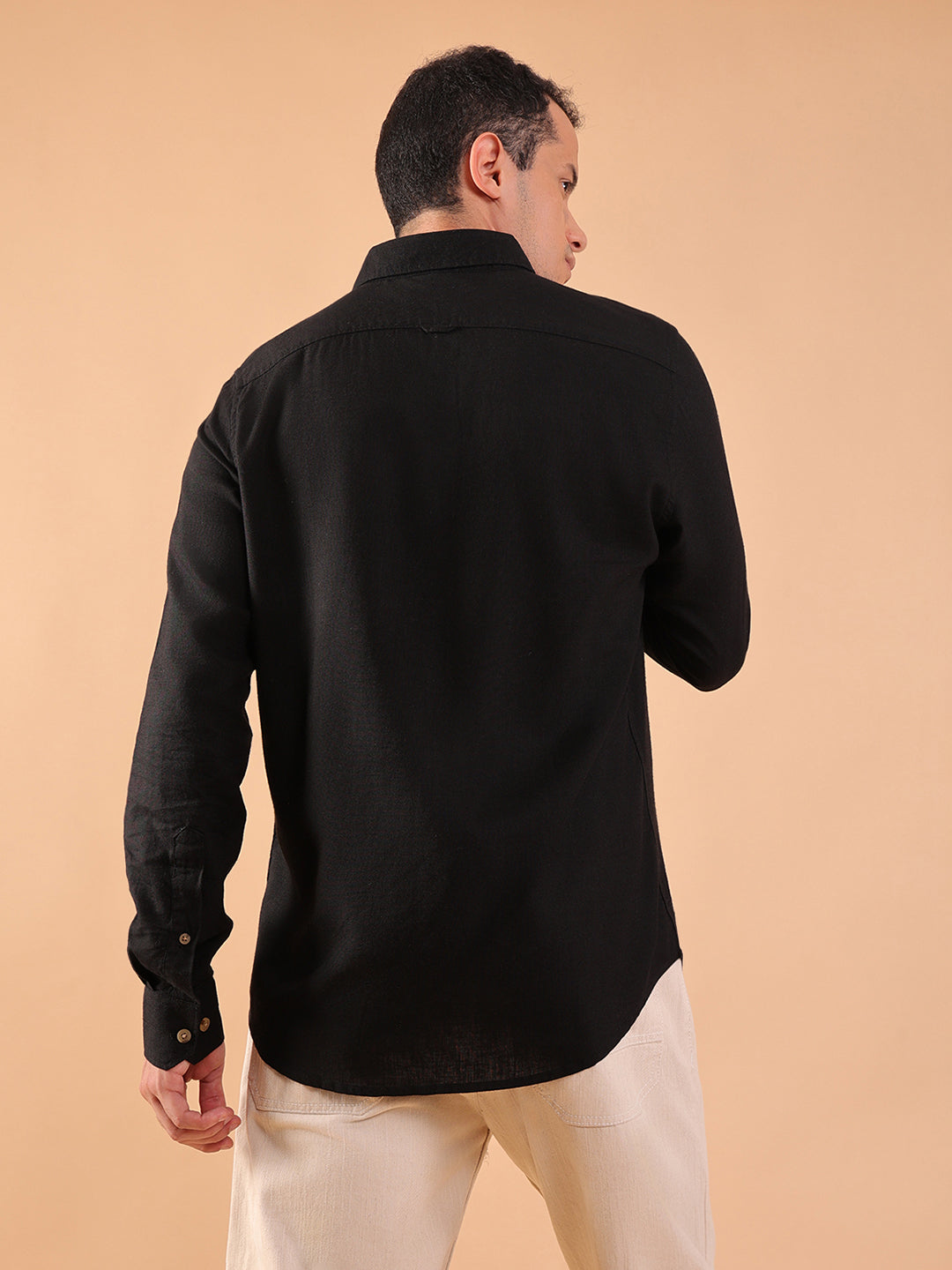 Men's Pure Linen Full Sleeve Shirt - Regular Fit, Cutaway Collar - Black