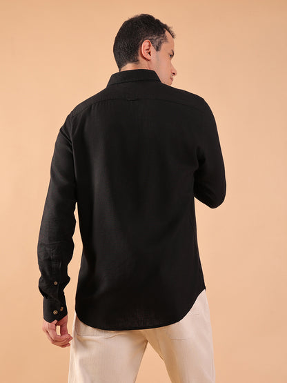 Men's Pure Linen Full Sleeve Shirt - Regular Fit, Cutaway Collar - Black