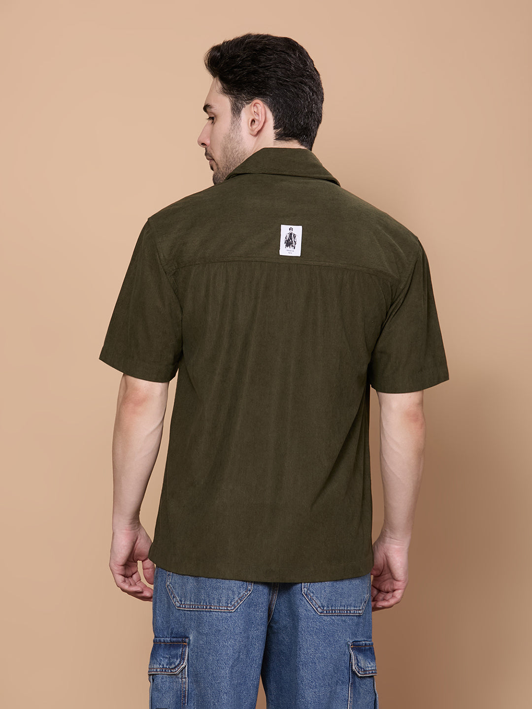 Relaxed Fit Half Sleeve Classic Corduroy Shirt - Olive