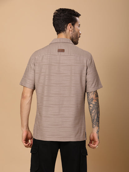 Men’s Casual Half-Sleeve Shirt – Zigzag Texture, Straight Hem, Camp Collar - Beige