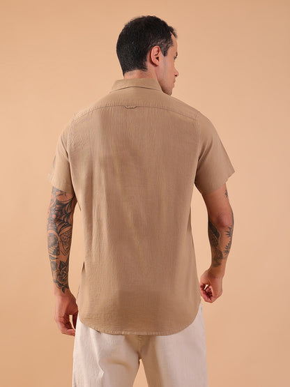 Cotton Linen Half Sleeve Shirt - Regular Fit - Khaki
