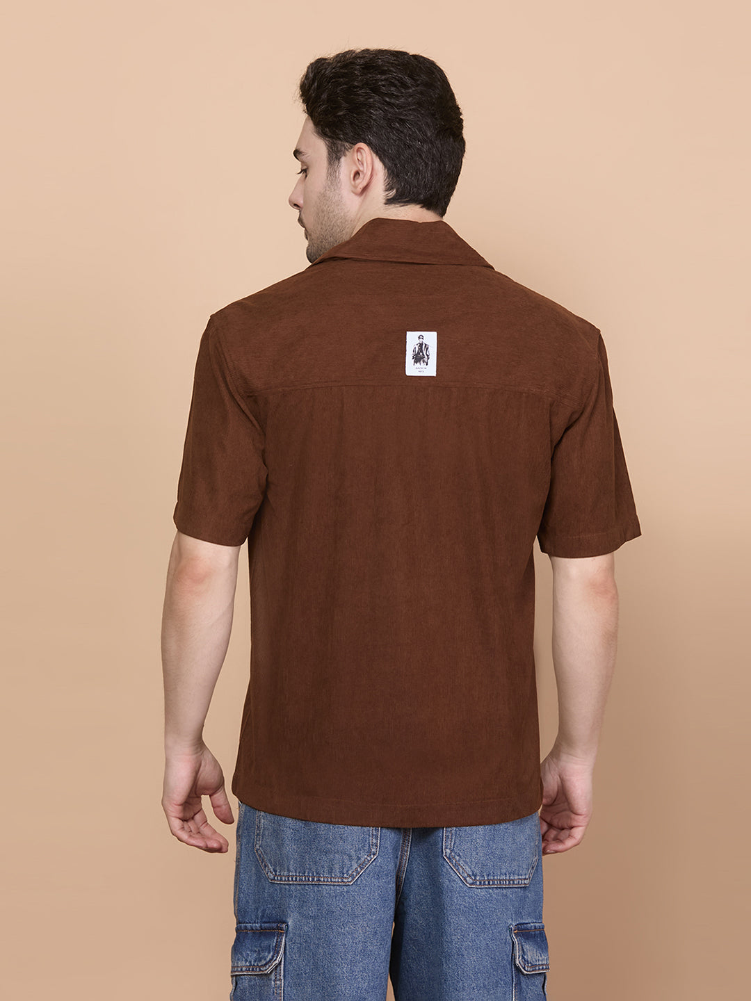 Relaxed Fit Half Sleeve Classic Corduroy Shirt - Brown
