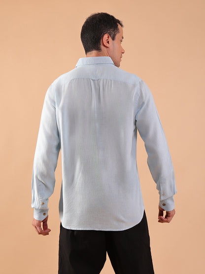 Men's Pure Linen Full Sleeve Shirt - Regular Fit, Cutaway Collar - Blue