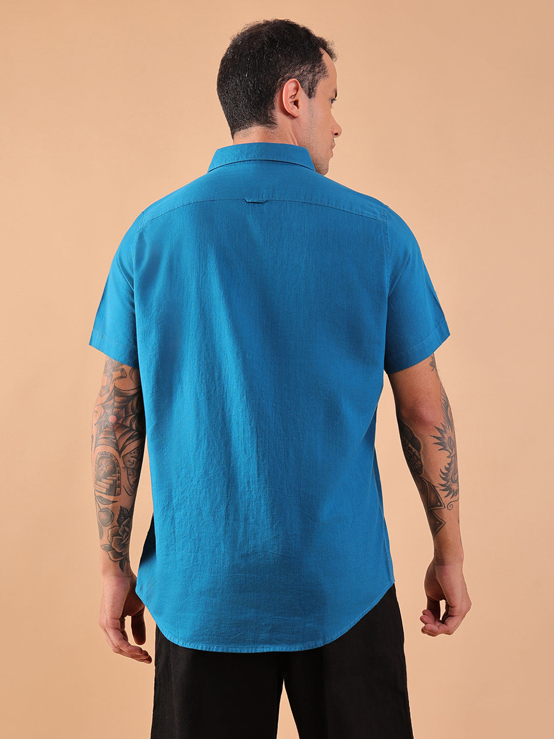 Cotton Linen Half Sleeve Shirt - Regular Fit - Teal