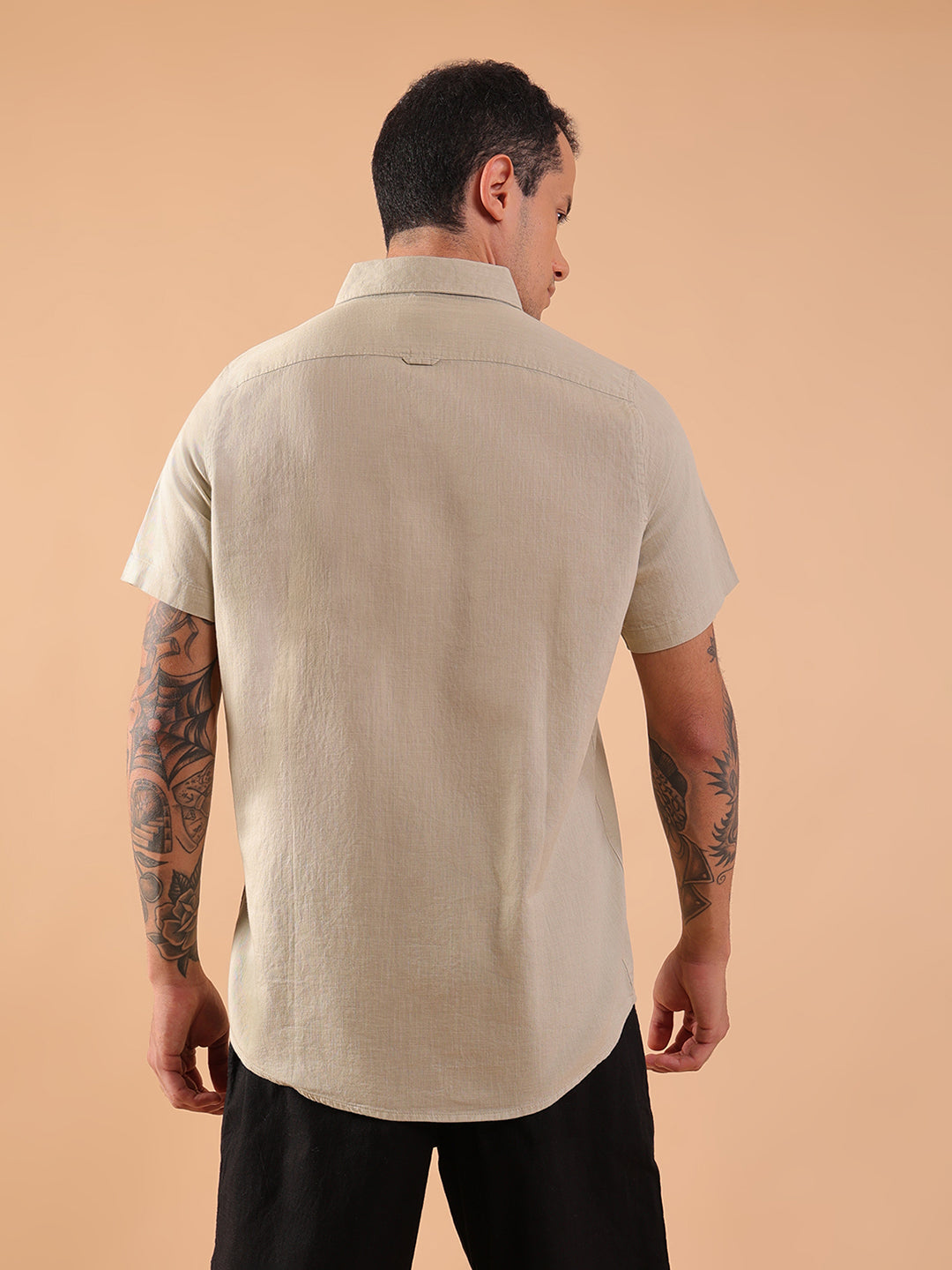 Cotton Linen Half Sleeve Shirt - Regular Fit - Pista