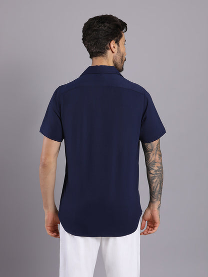 Opaque Printed Knitted Half Sleeve Shirt – Effortless Comfort & Style - Navy