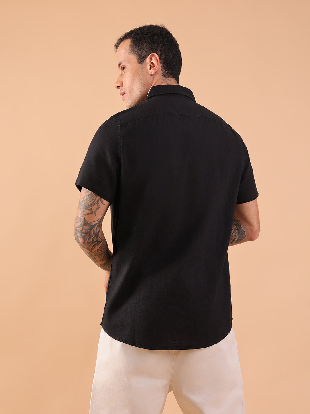 Cotton Linen Half Sleeve Shirt - Regular Fit - Black