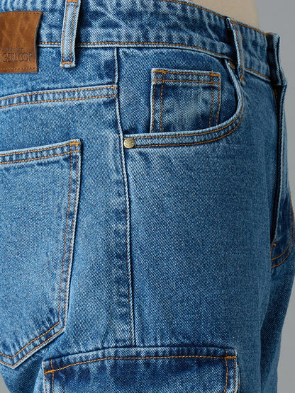 Men Regular Fit Light Fade Blue Cargo Jeans