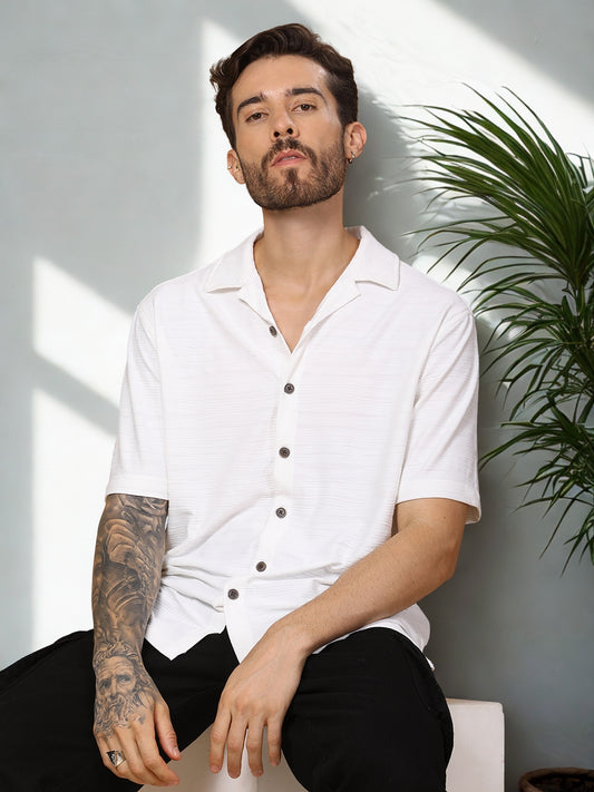 Men’s Casual Half-Sleeve Shirt – Zigzag Texture, Straight Hem, Camp Collar - White
