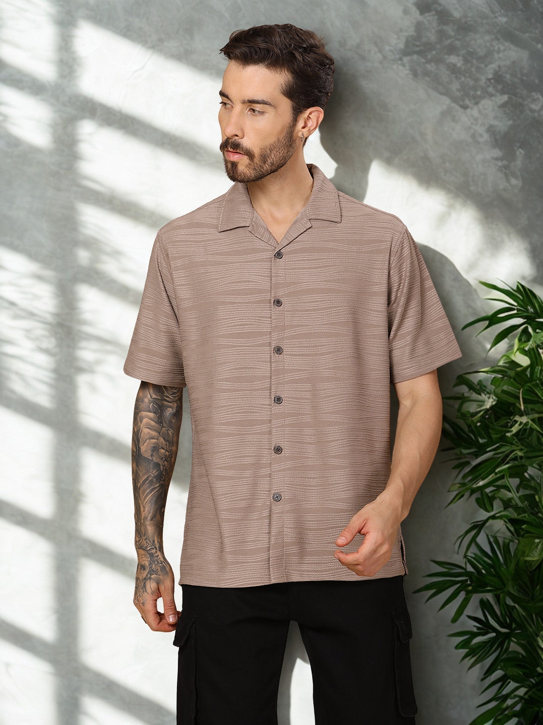Men’s Casual Half-Sleeve Shirt – Zigzag Texture, Straight Hem, Camp Collar - Beige