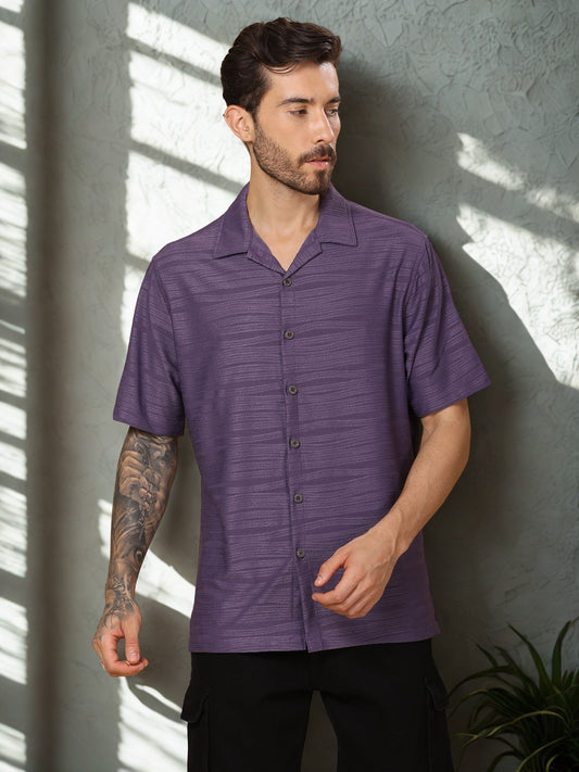 Men’s Casual Half-Sleeve Shirt – Zigzag Texture, Straight Hem, Camp Collar - Purple