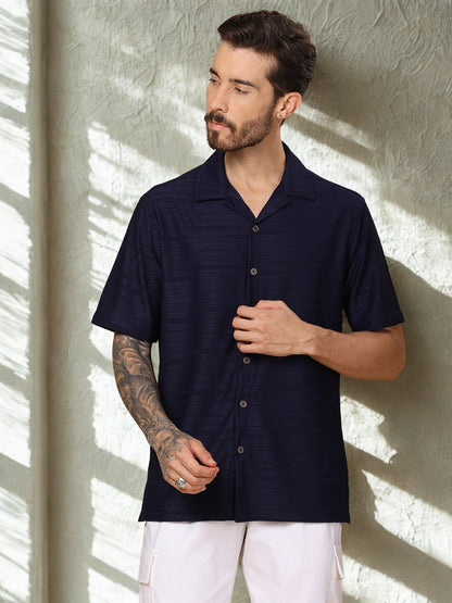 Men’s Casual Half-Sleeve Shirt – Zigzag Texture, Straight Hem, Camp Collar - Navy