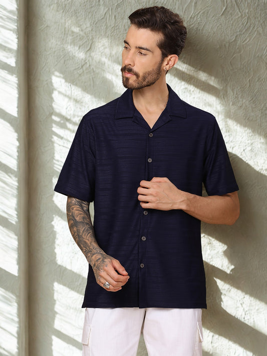 Men’s Casual Half-Sleeve Shirt – Zigzag Texture, Straight Hem, Camp Collar - Navy
