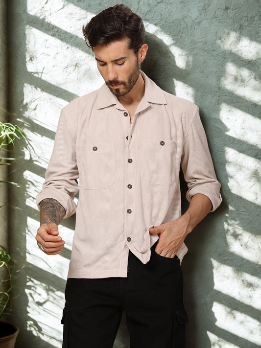 Relaxed Fit Camp Collar Corduroy Shirt with Double Pockets - Beige