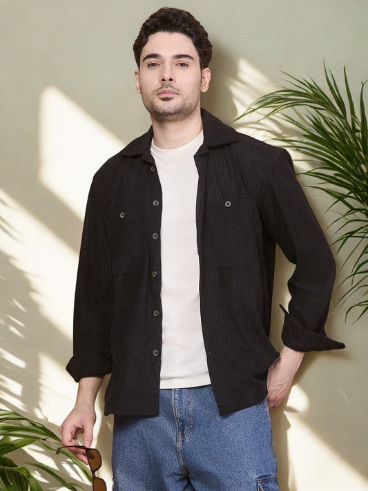 Relaxed Fit Camp Collar Corduroy Shirt with Double Pockets - Black
