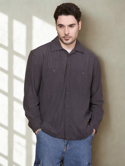 Relaxed Fit Camp Collar Corduroy Shirt with Double Pockets - Dark Grey