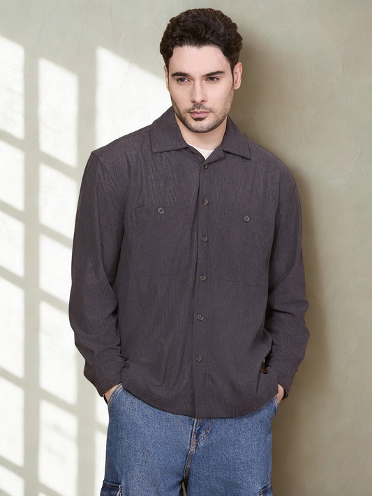 Relaxed Fit Camp Collar Corduroy Shirt with Double Pockets - Dark Grey