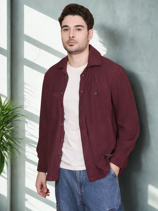 Relaxed Fit Camp Collar Corduroy Shirt with Double Pockets - Wine