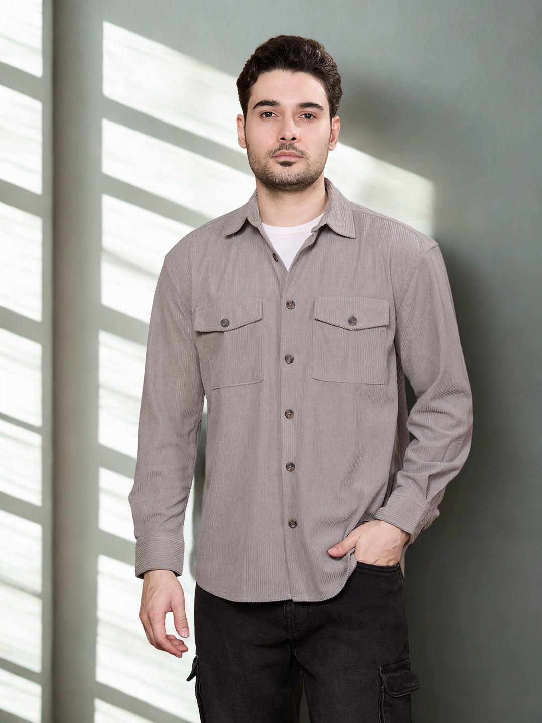 HangerLoop Relaxed Fit Classic Corduroy Shacket - Light Grey