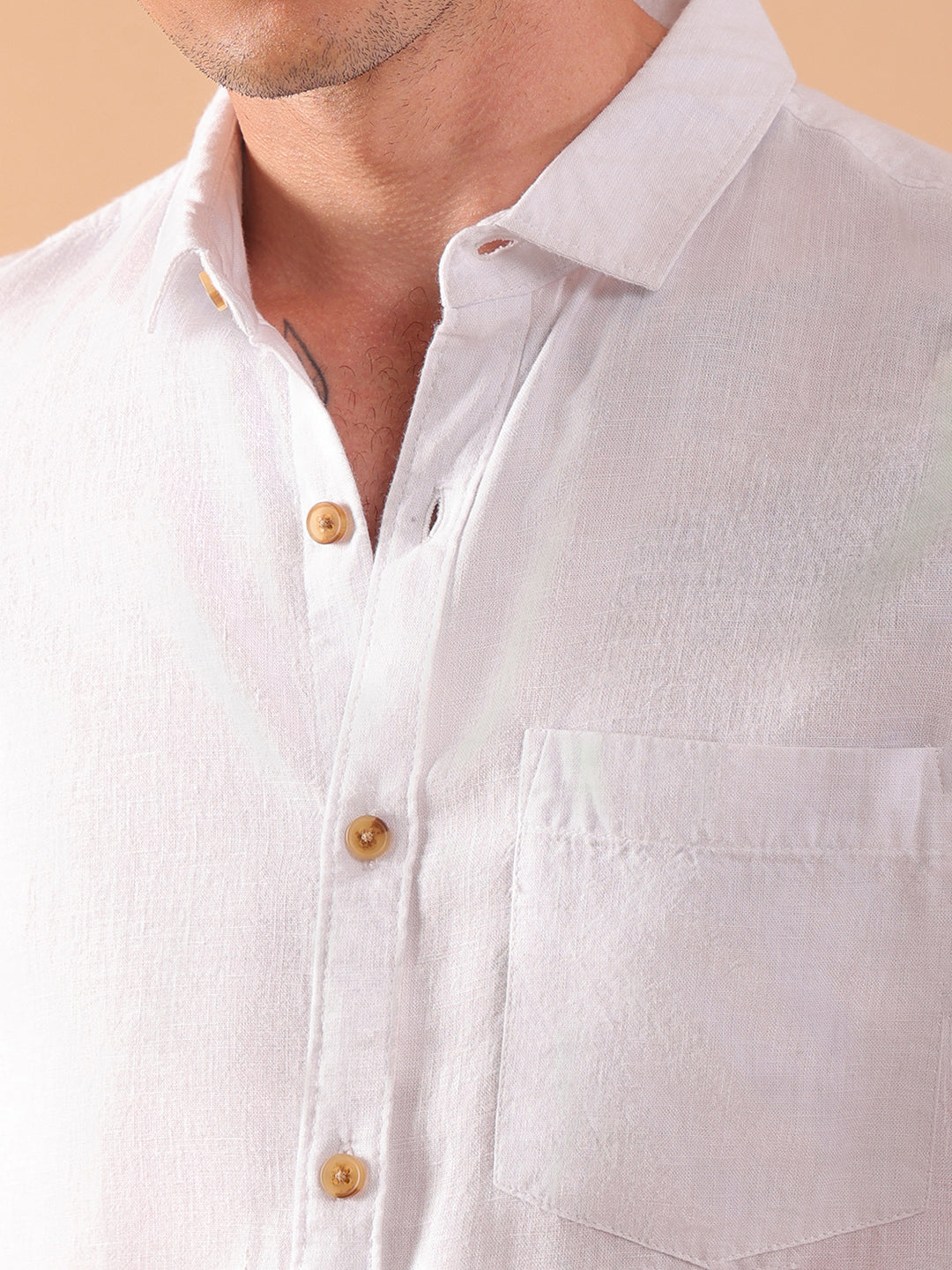 Men's Pure Linen Full Sleeve Shirt - Regular Fit, Cutaway Collar - White