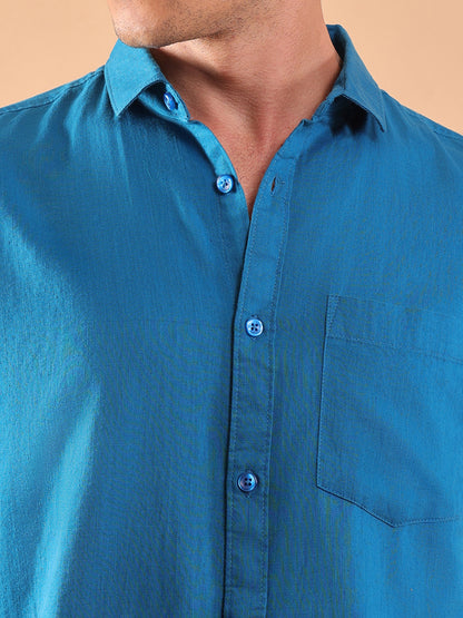 Cotton Linen Half Sleeve Shirt - Regular Fit - Teal