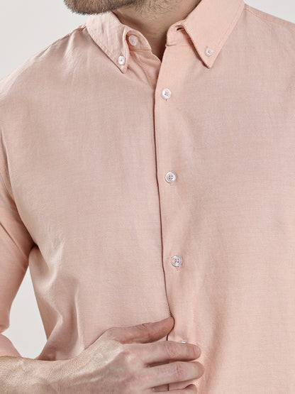HangerLoop Men’s 100% Cotton Oxford Yarn Dyed Full Sleeve Shirt – Button Down Collar | Regular Fit - Peach