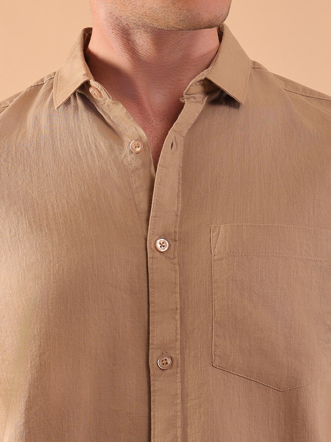 Cotton Linen Half Sleeve Shirt - Regular Fit - Khaki
