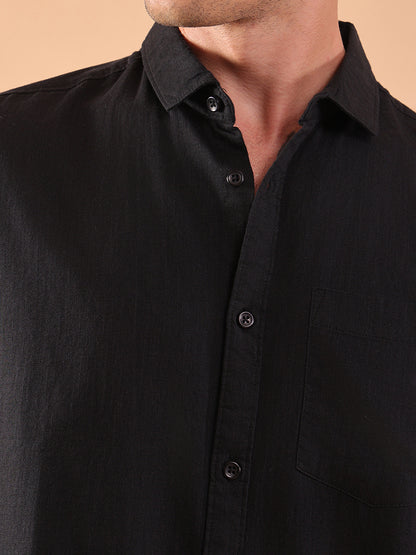 Cotton Linen Half Sleeve Shirt - Regular Fit - Black