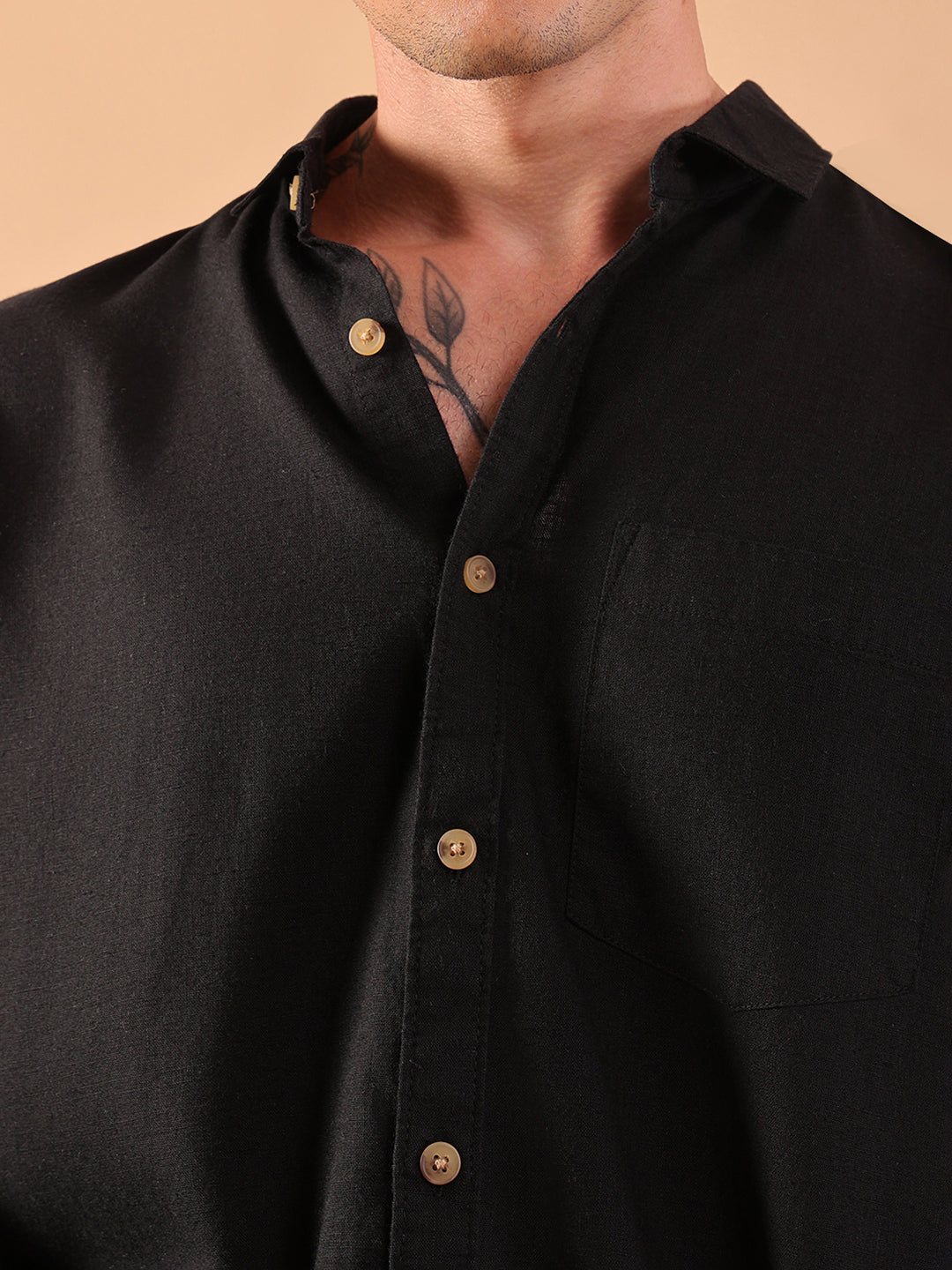 Men's Pure Linen Full Sleeve Shirt - Regular Fit, Cutaway Collar - Black