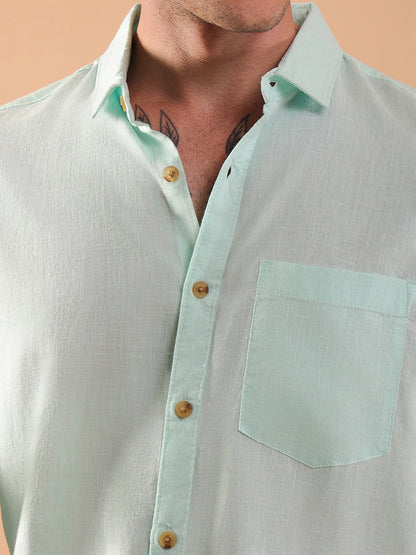 Men's Pure Linen Full Sleeve Shirt - Regular Fit, Cutaway Collar - Aqua