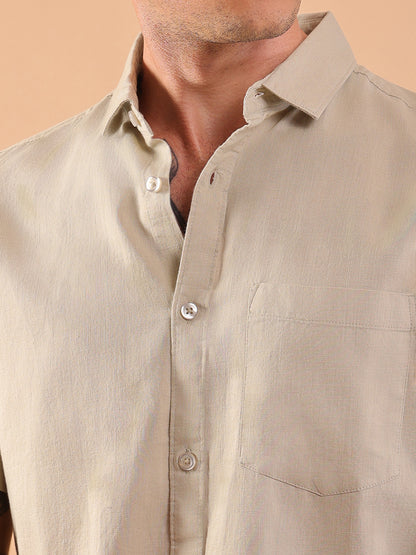 Cotton Linen Half Sleeve Shirt - Regular Fit - Pista