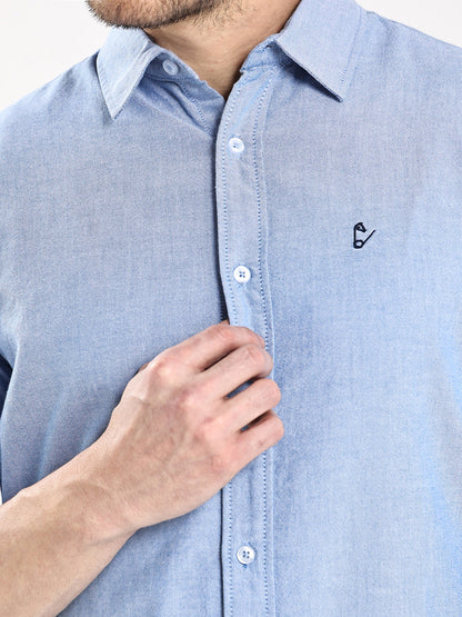 HangerLoop Men’s 100% Cotton Oxford Yarn Dyed Full Sleeve Regular Fit Shirt – Regular Collar - Sky Blue