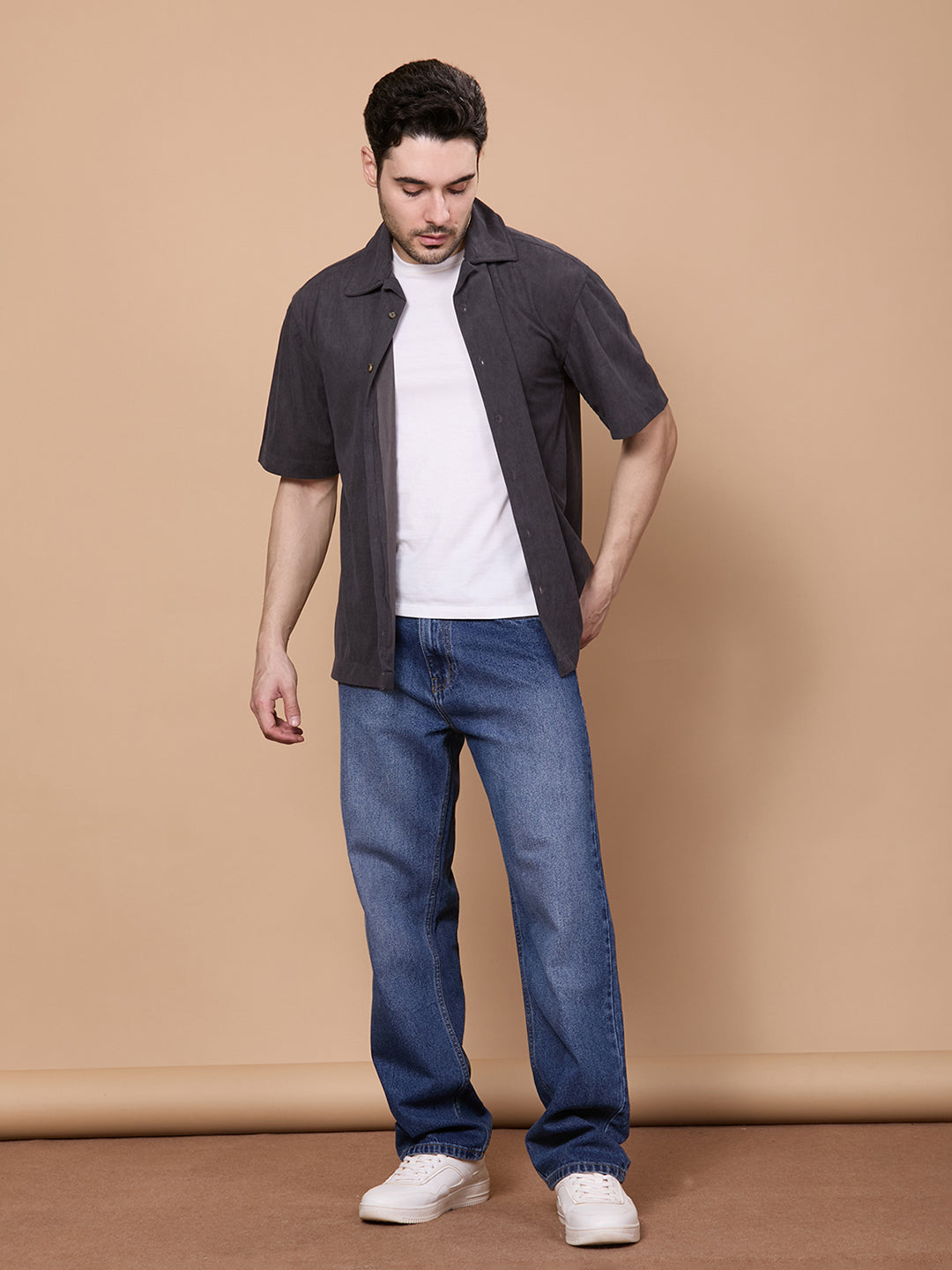 Relaxed Fit Half Sleeve Classic Corduroy Shirt - Dark Grey