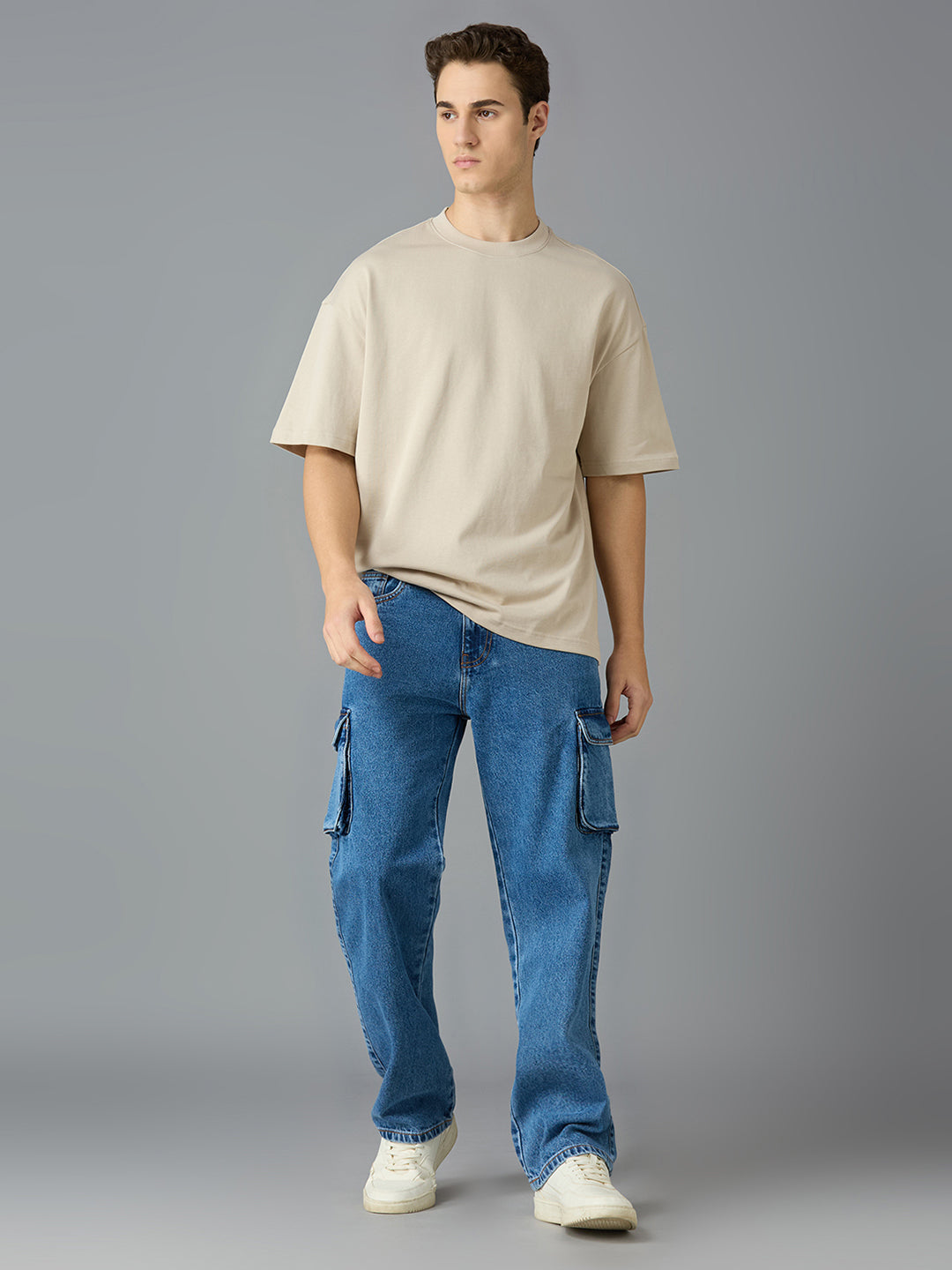 Men Regular Fit Light Fade Blue Cargo Jeans