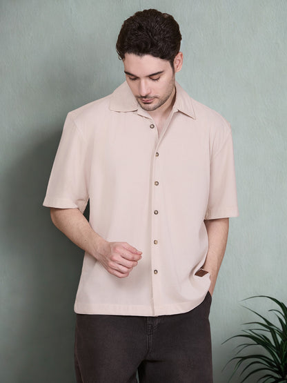 Relaxed Fit Half Sleeve Classic Corduroy Shirt - Beige