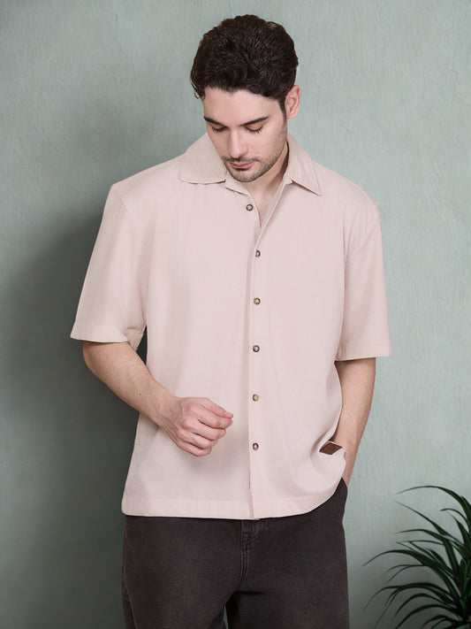 Relaxed Fit Half Sleeve Classic Corduroy Shirt - Beige