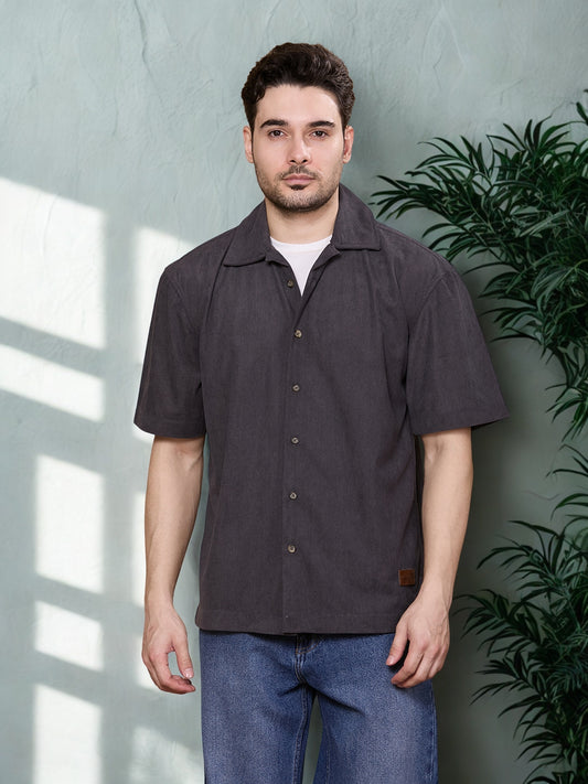 Relaxed Fit Half Sleeve Classic Corduroy Shirt - Dark Grey