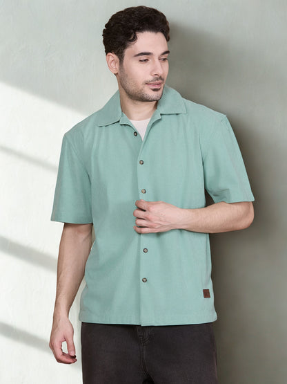 Relaxed Fit Half Sleeve Classic Corduroy Shirt - Green